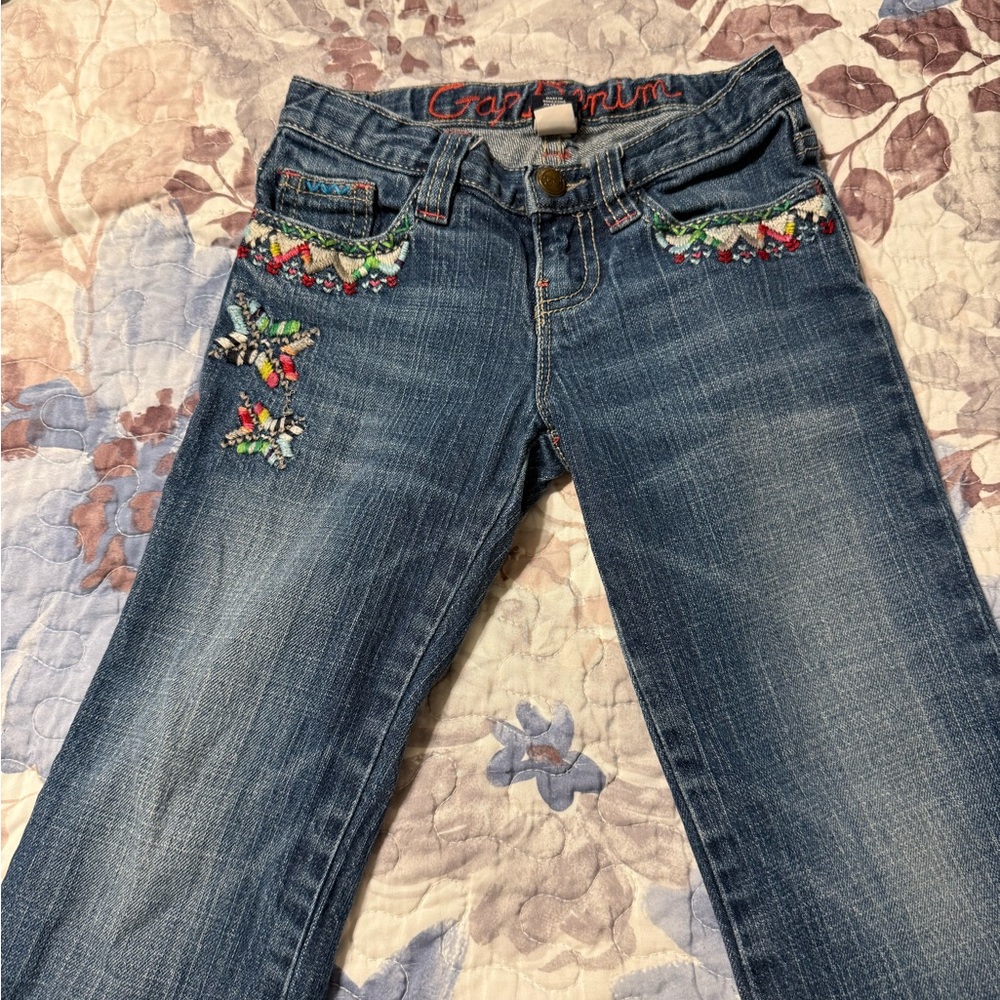 Girls 5 - GAP Blue Straight Cut Jeans with Rainbow Boho Embroidery